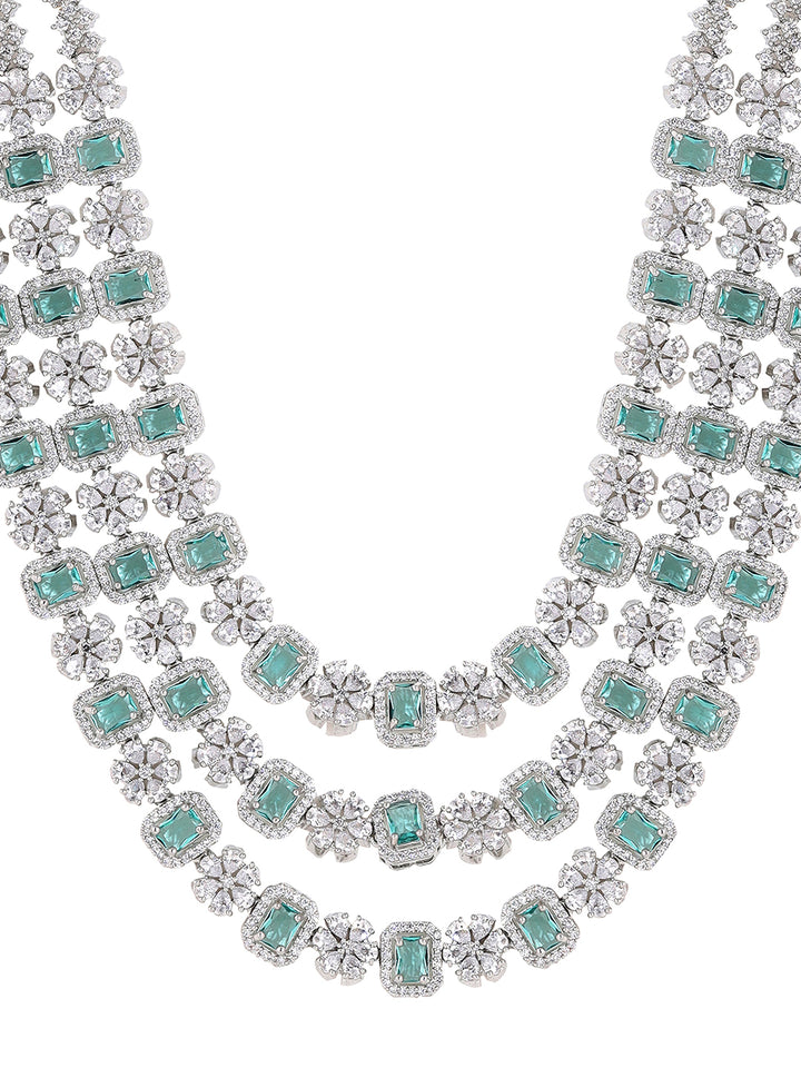 Priyaasi Floral Emerald AD Design Three Layered Necklace with Elegance Drop Earrings Jewellery Set