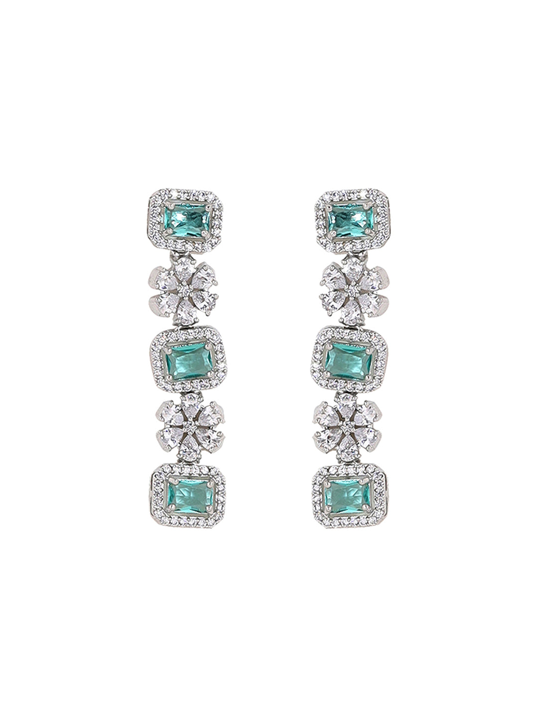 Priyaasi Floral Emerald AD Design Three Layered Necklace with Elegance Drop Earrings Jewellery Set