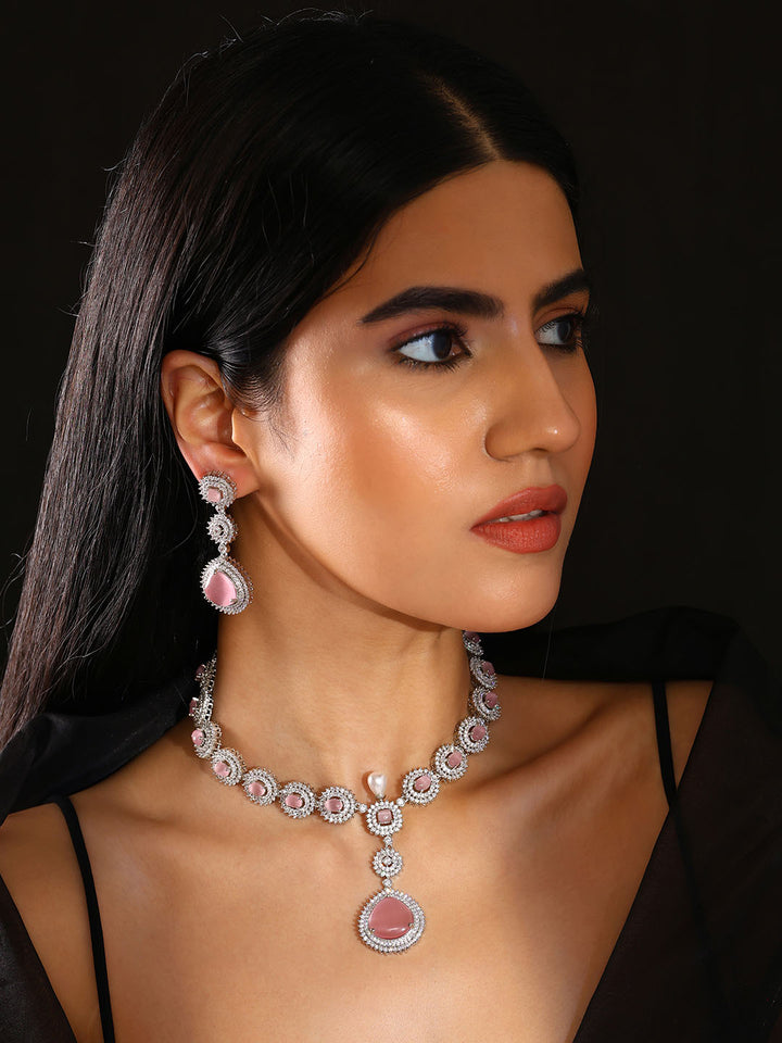 Priyaasi Pink Stone AD Drop Design Silver Plating Necklace Chic Drop Earrings Jewellery Set