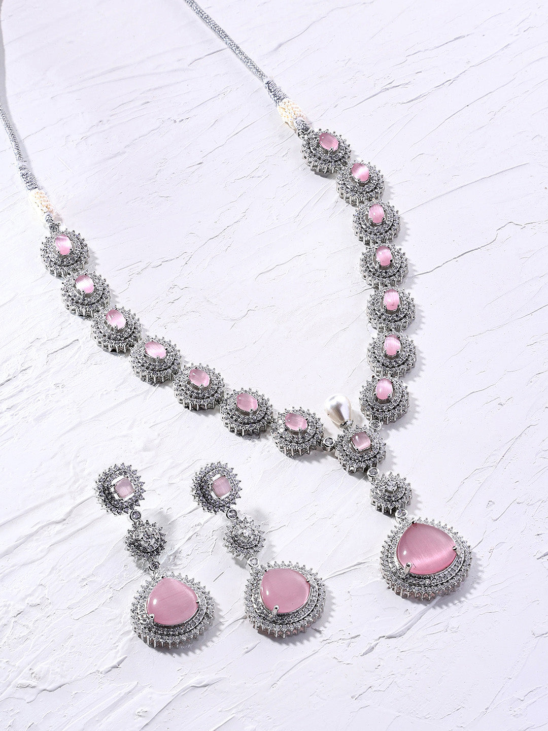 Priyaasi Pink Stone AD Drop Design Silver Plating Necklace Chic Drop Earrings Jewellery Set