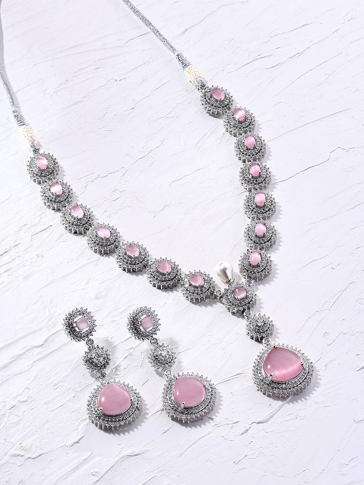Priyaasi Pink Stone AD Drop Design Silver Plating Necklace Chic Drop Earrings Jewellery Set