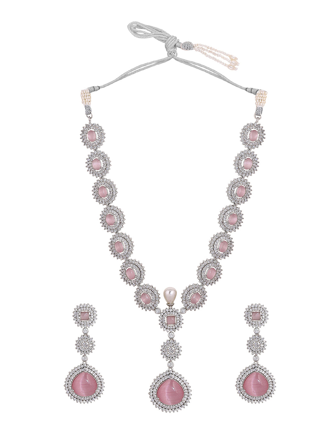 Priyaasi Pink Stone AD Drop Design Silver Plating Necklace Chic Drop Earrings Jewellery Set