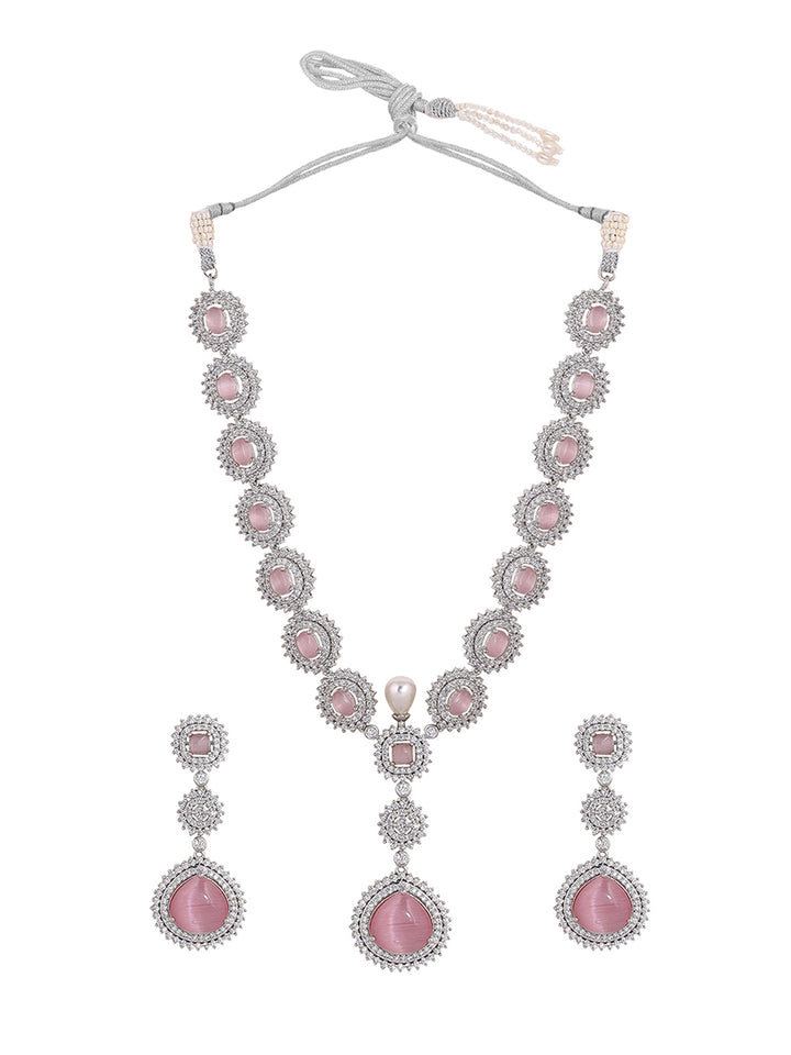 Priyaasi Pink Stone AD Drop Design Silver Plating Necklace Chic Drop Earrings Jewellery Set