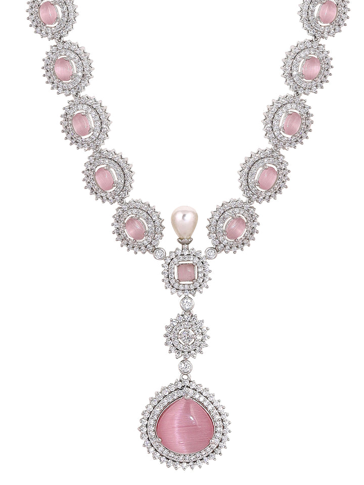 Priyaasi Pink Stone AD Drop Design Silver Plating Necklace Chic Drop Earrings Jewellery Set