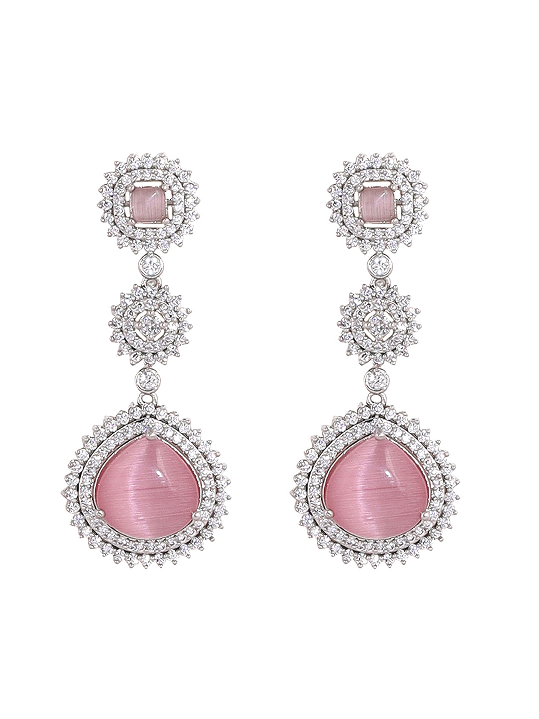 Priyaasi Pink Stone AD Drop Design Silver Plating Necklace Chic Drop Earrings Jewellery Set