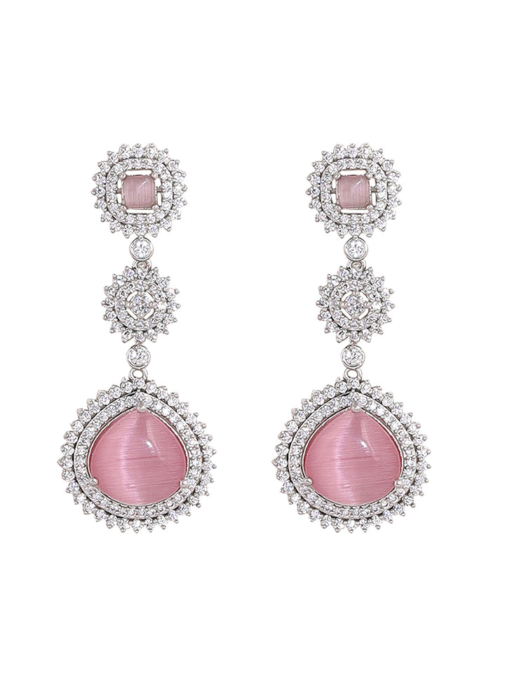 Priyaasi Pink Stone AD Drop Design Silver Plating Necklace Chic Drop Earrings Jewellery Set