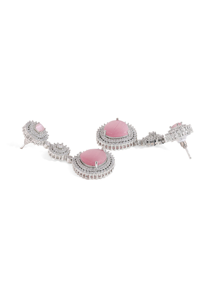 Priyaasi Pink Stone AD Drop Design Silver Plating Necklace Chic Drop Earrings Jewellery Set