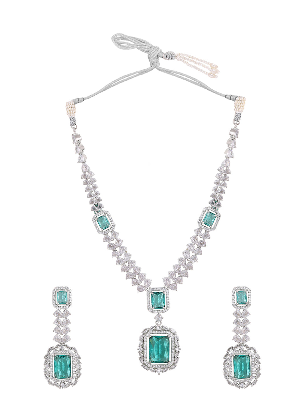 Priyaasi Royal Emerald AD Elegance Silver Plating Necklace Exquisite Drop Earrings Jewellery Set