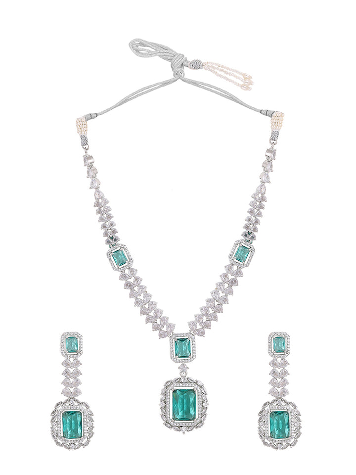Priyaasi Royal Emerald AD Elegance Silver Plating Necklace Exquisite Drop Earrings Jewellery Set