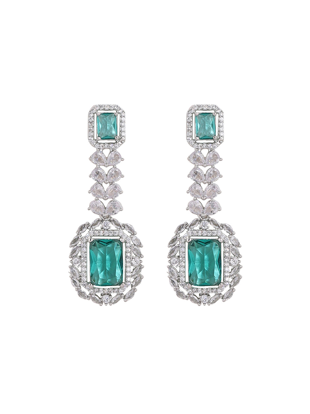 Priyaasi Royal Emerald AD Elegance Silver Plating Necklace Exquisite Drop Earrings Jewellery Set