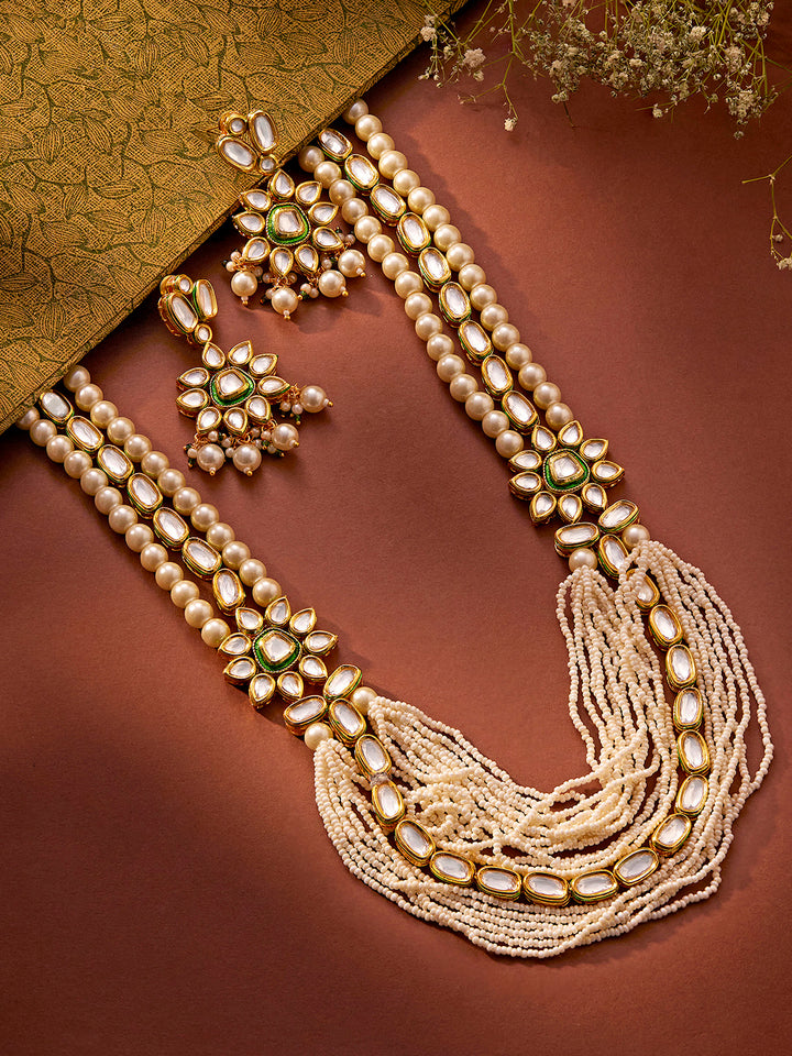 Priyaasi Kundan Pearl Floral look Layered Haram with Kundan Earring Jewellery Set