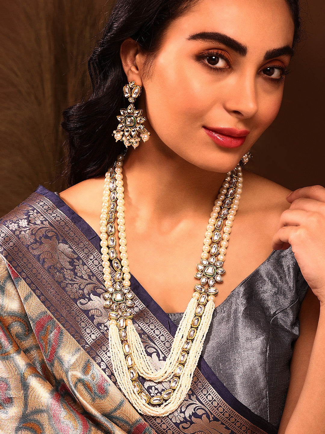 Priyaasi Kundan Pearl Floral look Layered Haram with Kundan Earring Jewellery Set