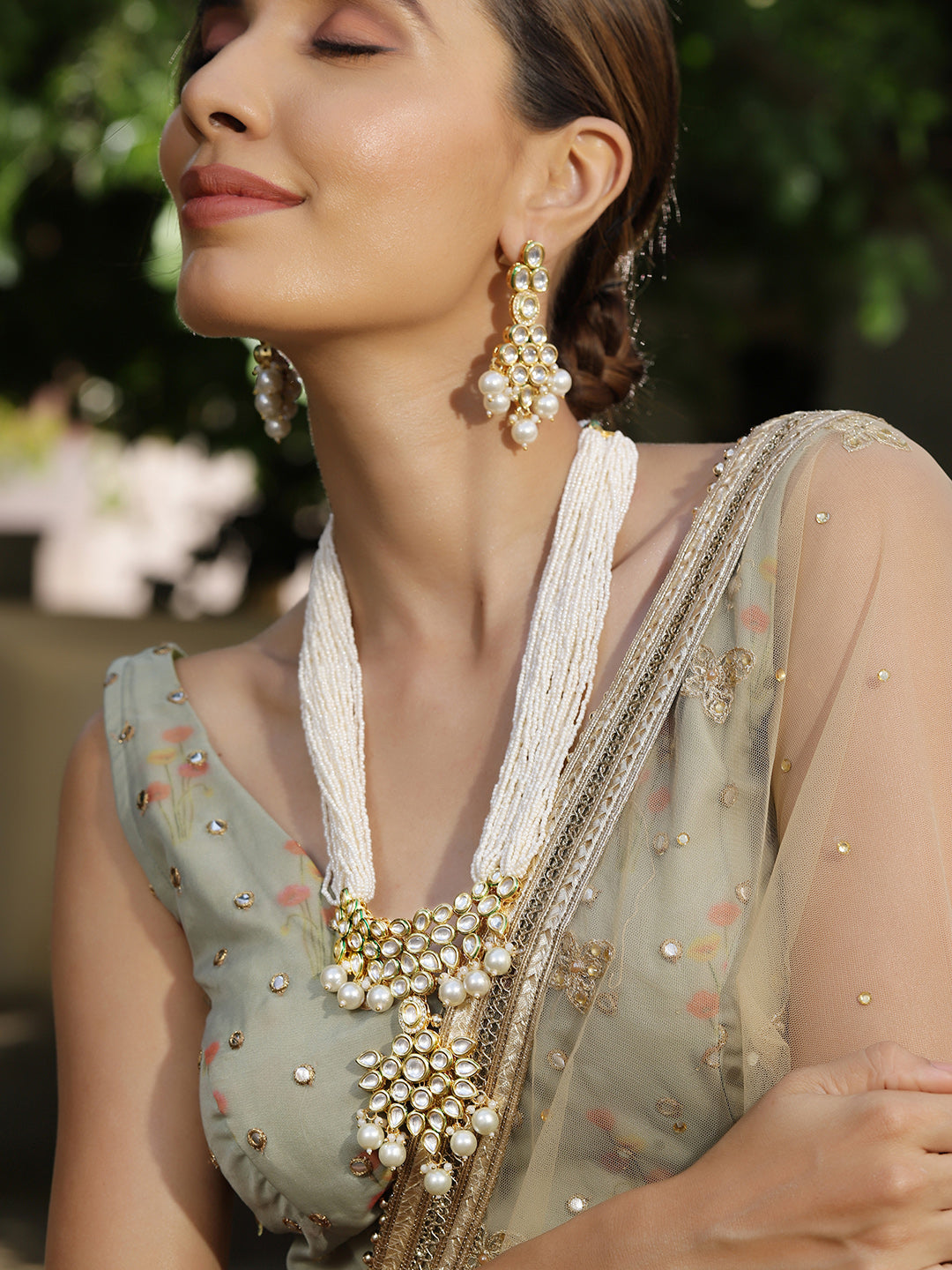 Priyaasi Fresh Water Pearl Kundan White Necklace with Kundan Floral Earring Gold Plated Jewellery Set
