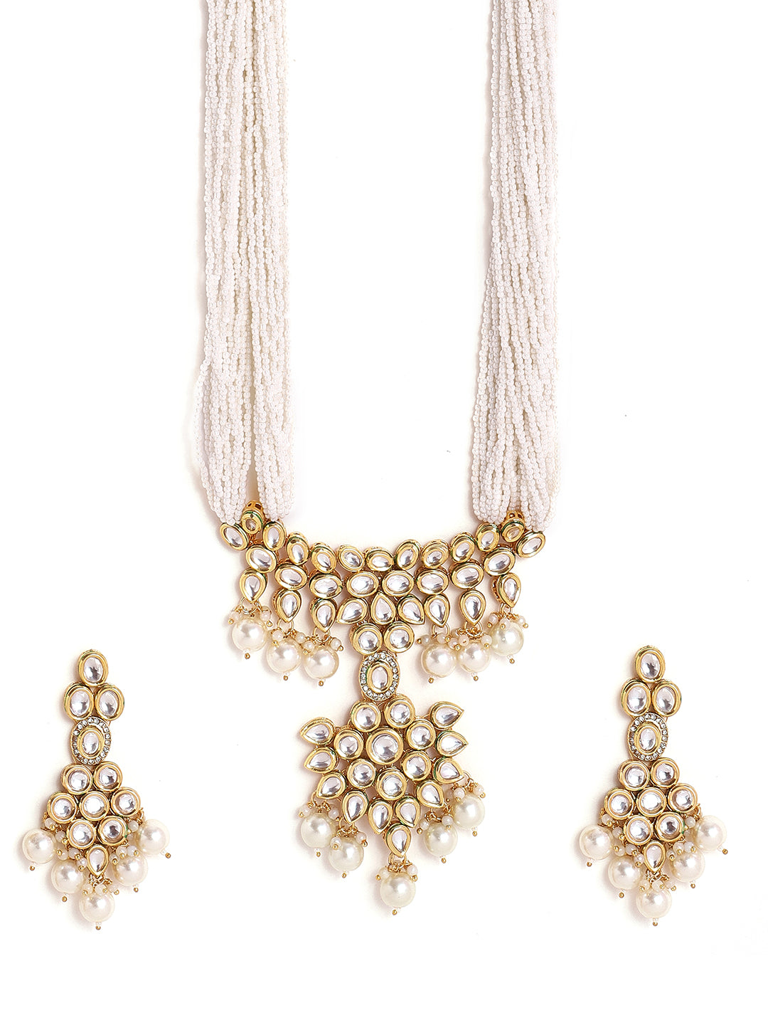 Priyaasi Fresh Water Pearl Kundan White Necklace with Kundan Floral Earring Gold Plated Jewellery Set