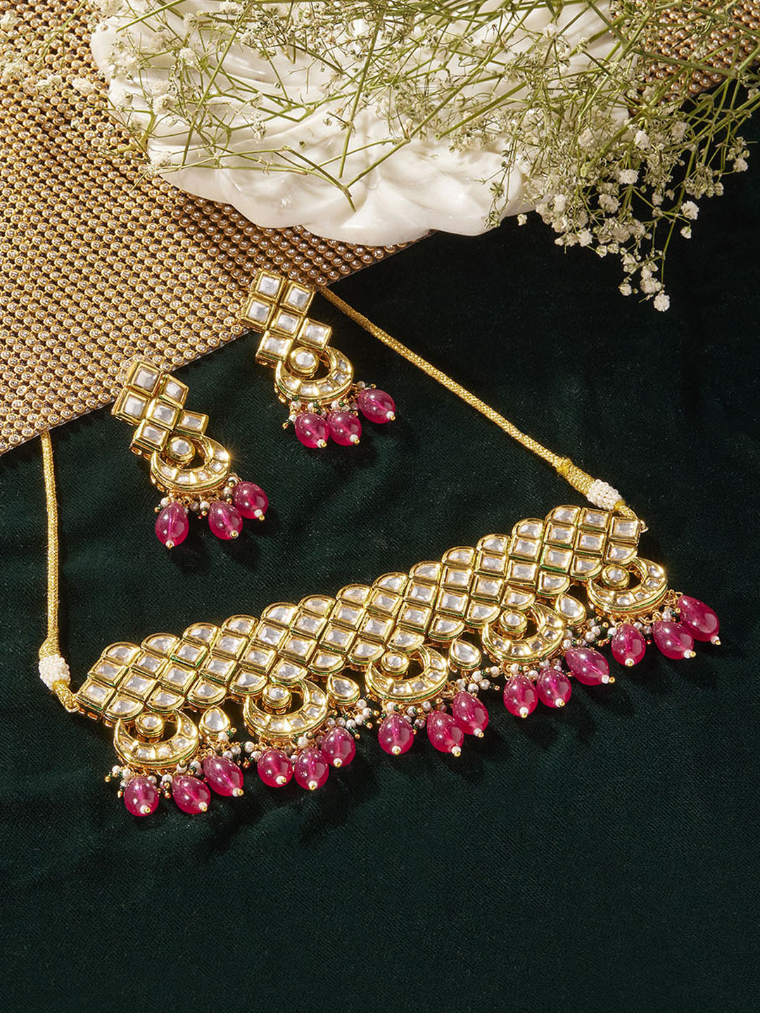 Priyaasi Red Kundan Beads mini chand design choker with kundan earrings jewellery set