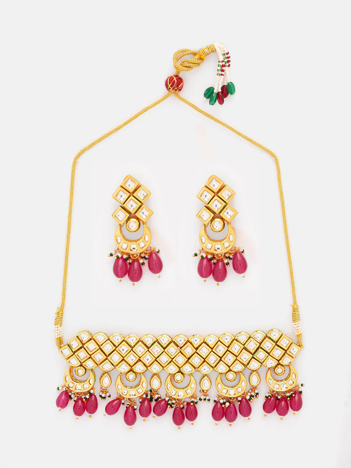 Priyaasi Red Kundan Beads mini chand design choker with kundan earrings jewellery set