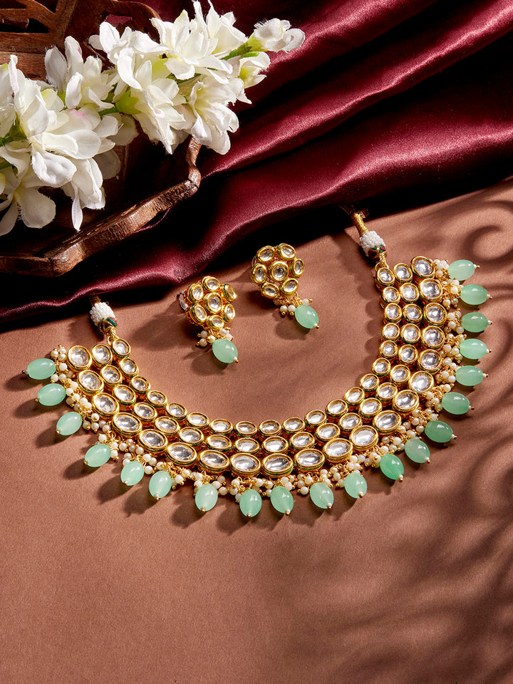 Priyaasi Simple Mint Beads Kundan Elegance with Floral Kundan Earrings Jewellery Set
