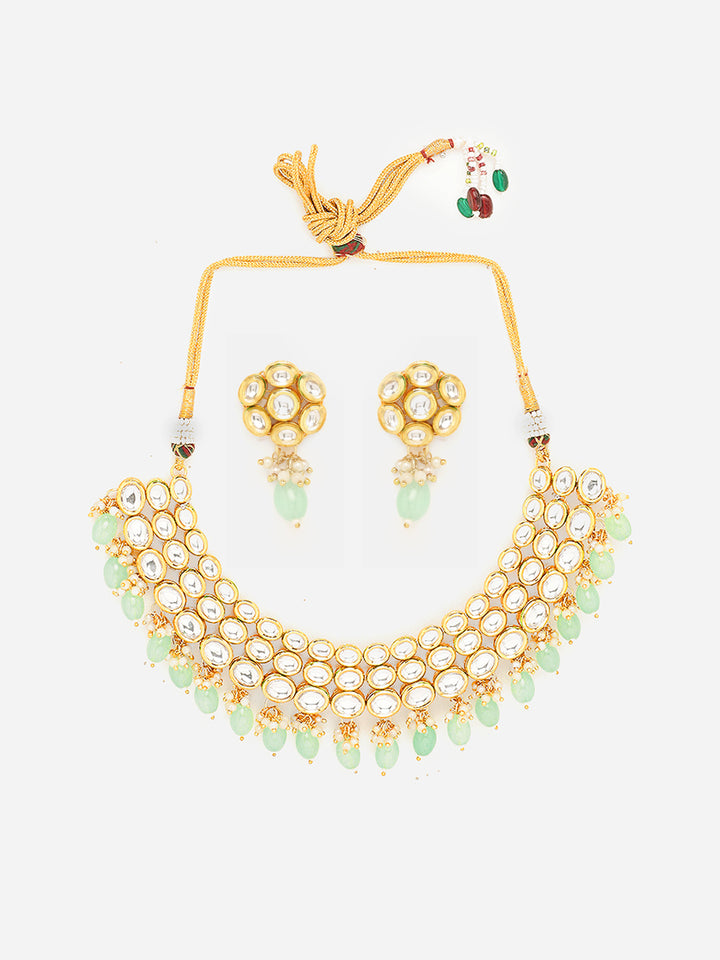 Priyaasi Simple Mint Beads Kundan Elegance with Floral Kundan Earrings Jewellery Set