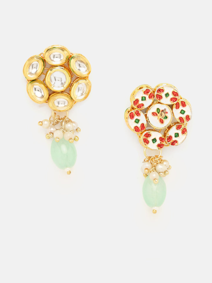 Priyaasi Simple Mint Beads Kundan Elegance with Floral Kundan Earrings Jewellery Set