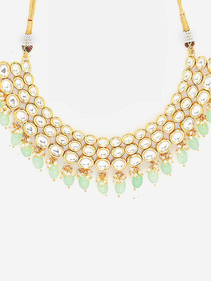 Priyaasi Simple Mint Beads Kundan Elegance with Floral Kundan Earrings Jewellery Set