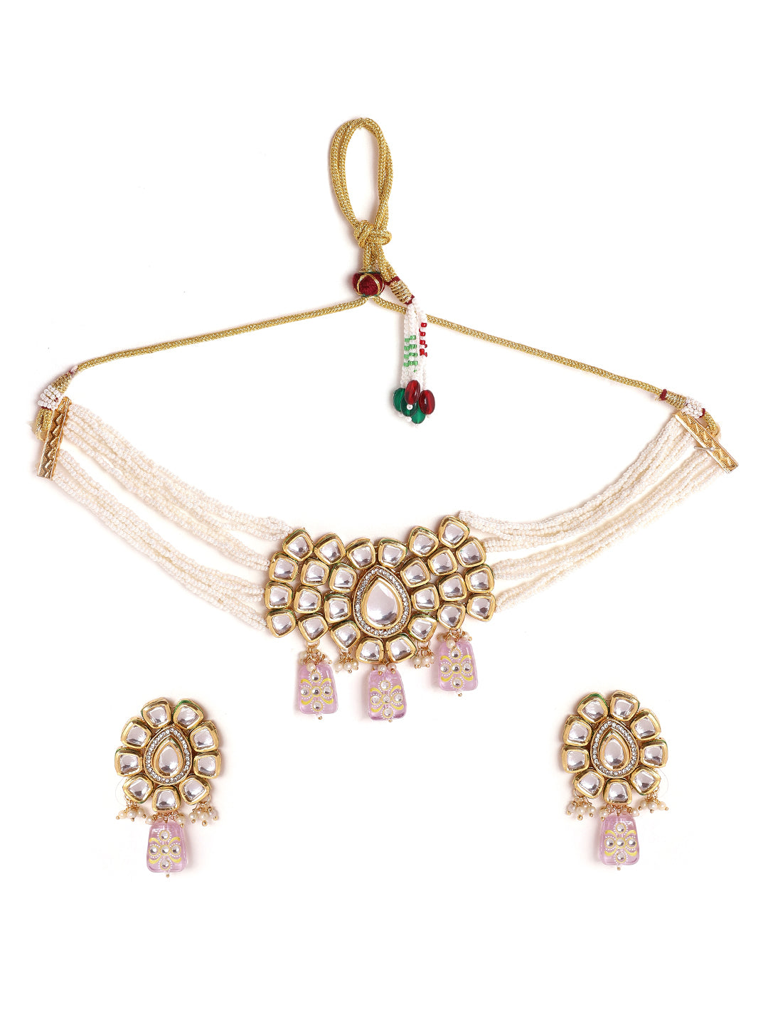 Priyaasi Fresh Water Pearl Kundan Lavender Beads Necklace with Kundan Earrings Gold Plated Jewellery Set