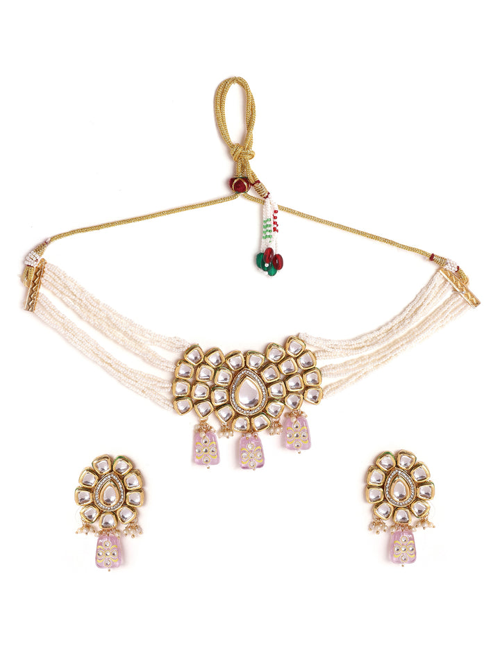 Priyaasi Fresh Water Pearl Kundan Lavender Beads Necklace with Kundan Earrings Gold Plated Jewellery Set