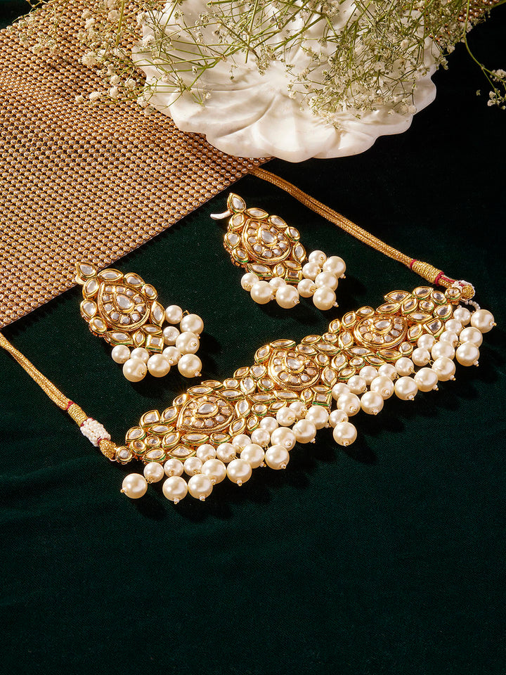 Priyaasi Kundan Pearl Floral Design Choker with Kundan Earrings Jewellery Set