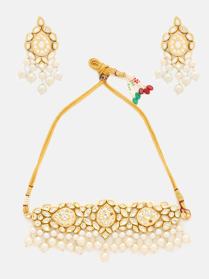Priyaasi Kundan Pearl Floral Design Choker with Kundan Earrings Jewellery Set