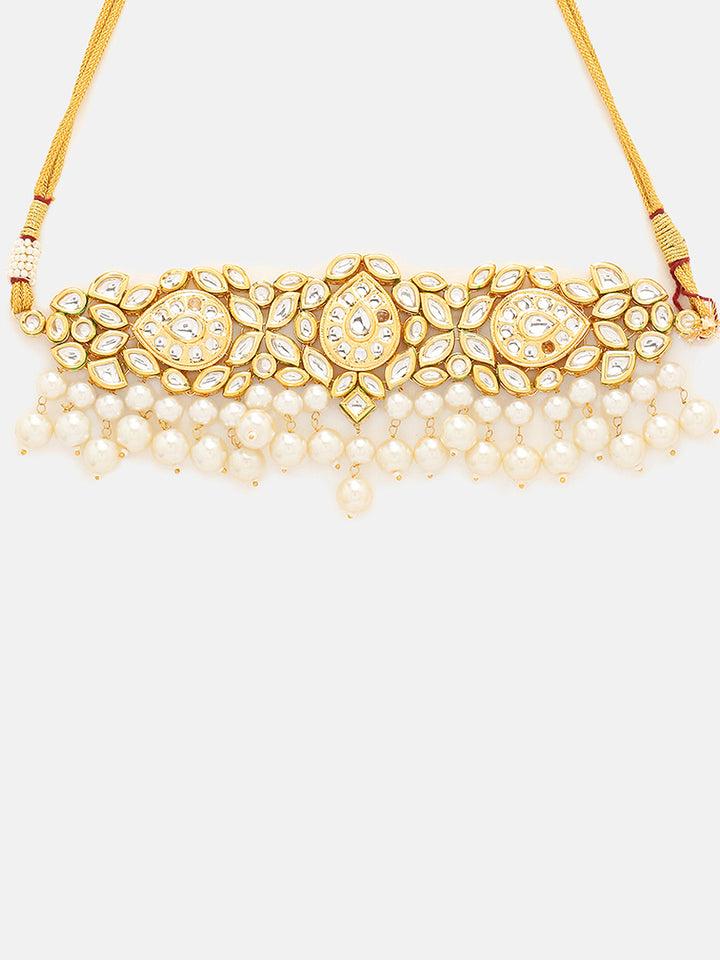 Priyaasi Kundan Pearl Floral Design Choker with Kundan Earrings Jewellery Set