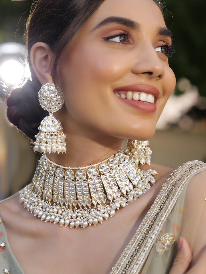 Priyaasi White Kundan Fresh Water Pearls Floral Chocker necklace with Floral Jhumkis earrings Jewellery Set