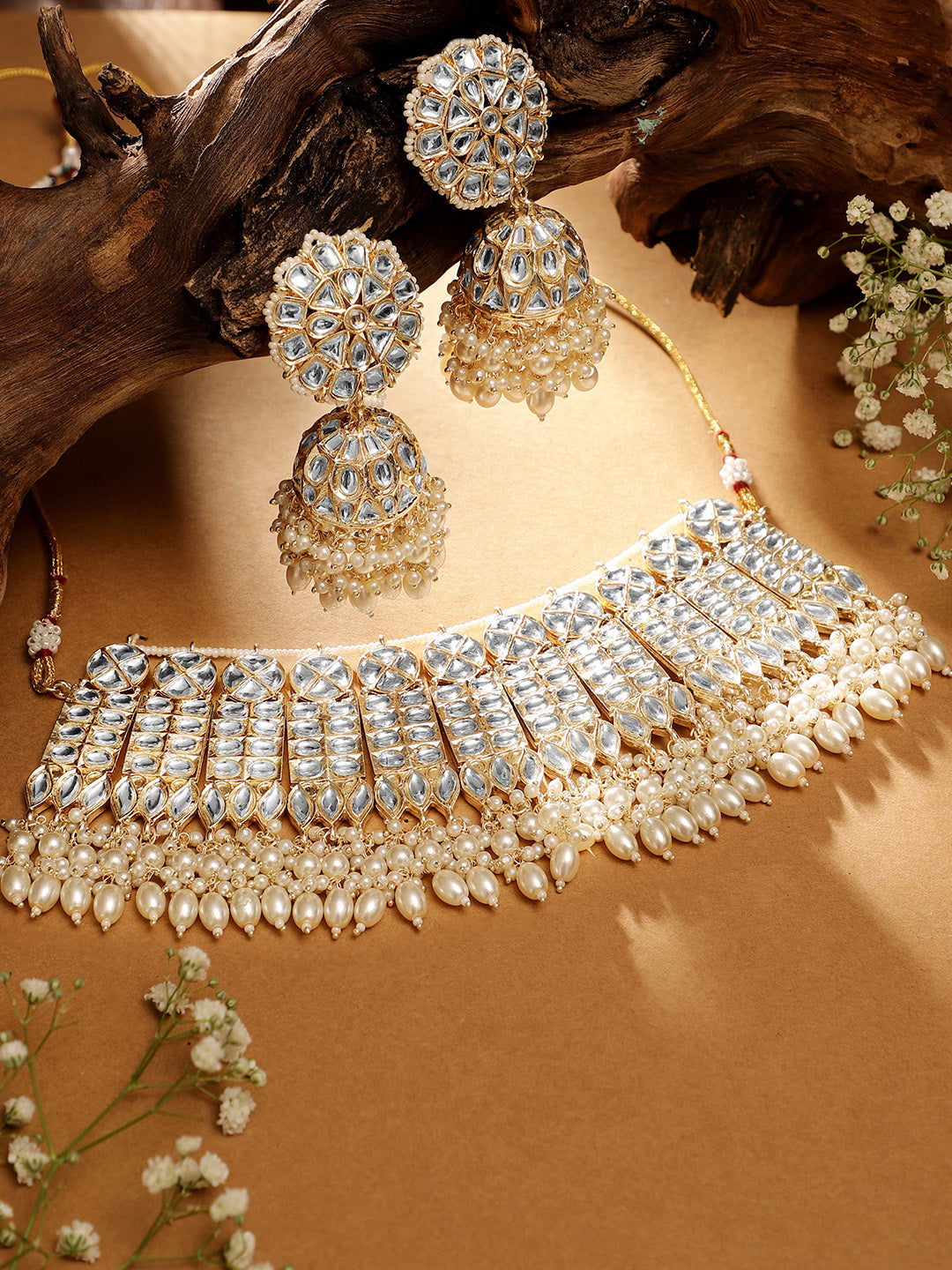 Priyaasi White Kundan Fresh Water Pearls Floral Chocker necklace with Floral Jhumkis earrings Jewellery Set