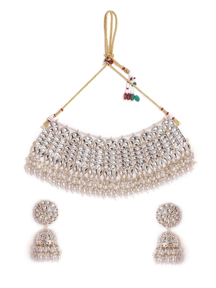 Priyaasi White Kundan Fresh Water Pearls Floral Chocker necklace with Floral Jhumkis earrings Jewellery Set