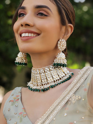 Priyaasi Green White Kundan Fresh Water Pearls Floral chocker Necklace with Floral Green beads Jhumkis Jewellery Set