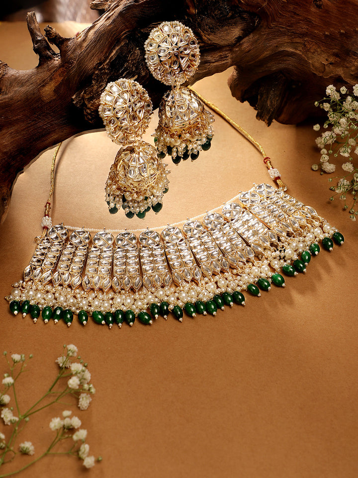 Priyaasi Green White Kundan Fresh Water Pearls Floral chocker Necklace with Floral Green beads Jhumkis Jewellery Set