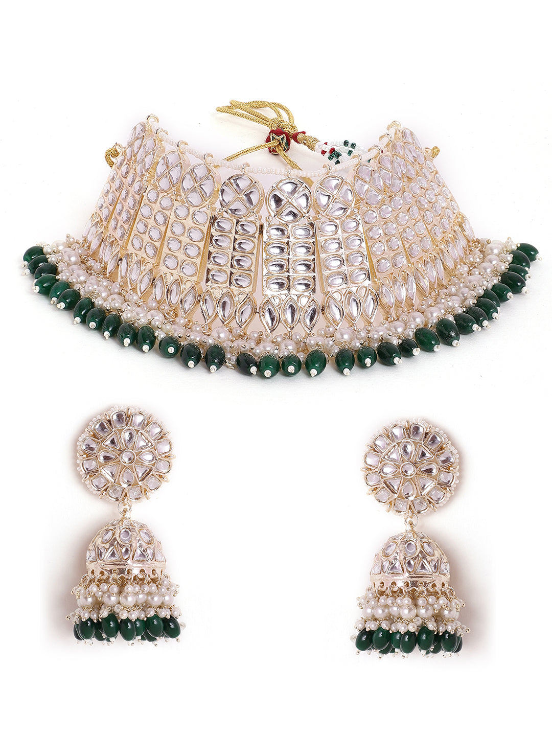 Priyaasi Green White Kundan Fresh Water Pearls Floral chocker Necklace with Floral Green beads Jhumkis Jewellery Set