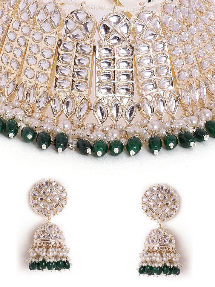 Priyaasi Green White Kundan Fresh Water Pearls Floral chocker Necklace with Floral Green beads Jhumkis Jewellery Set