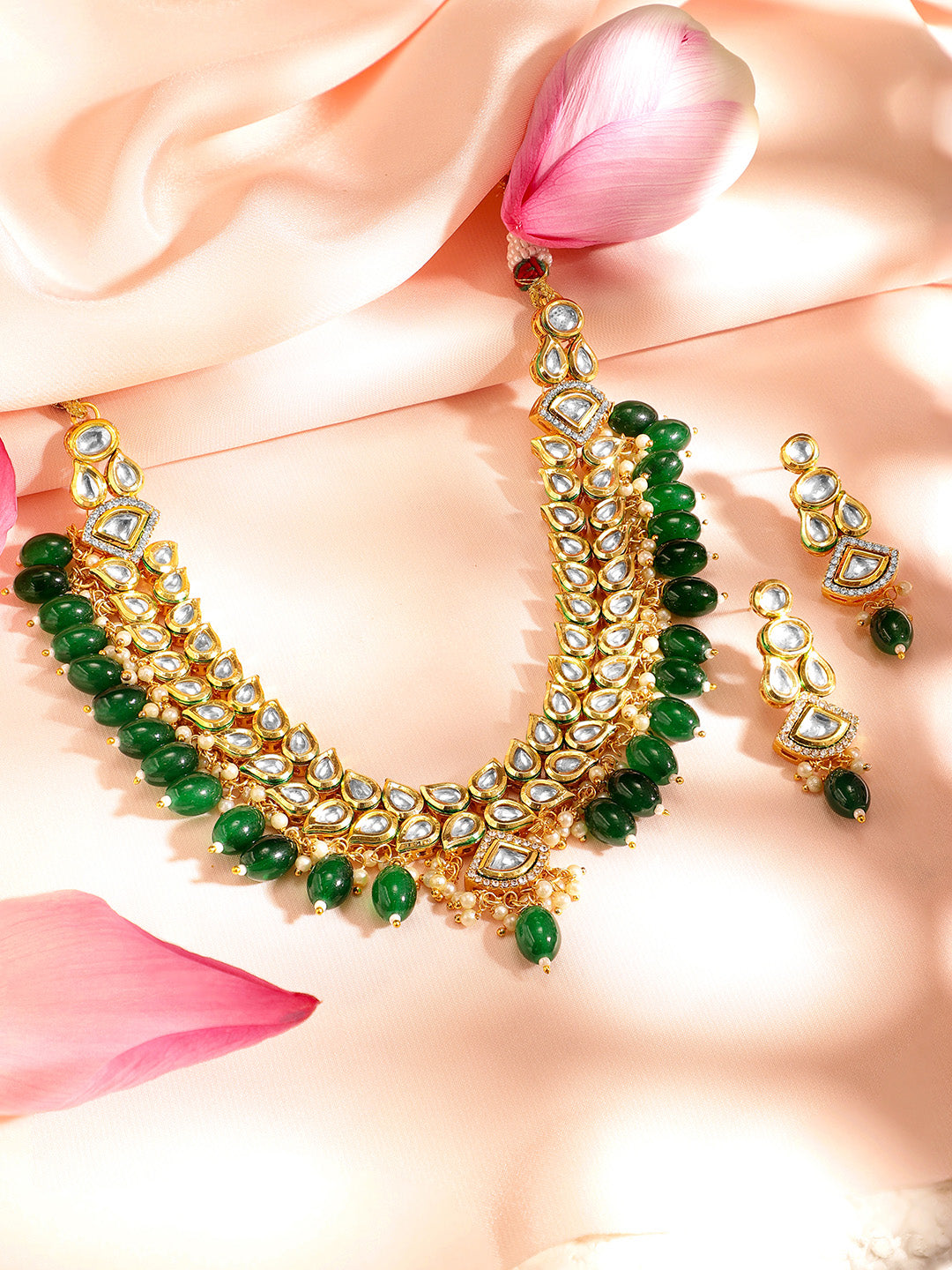 Priyaasi Leaf Design Green Beads Kundan necklace with kundan earrings gold plated Jewellery Set