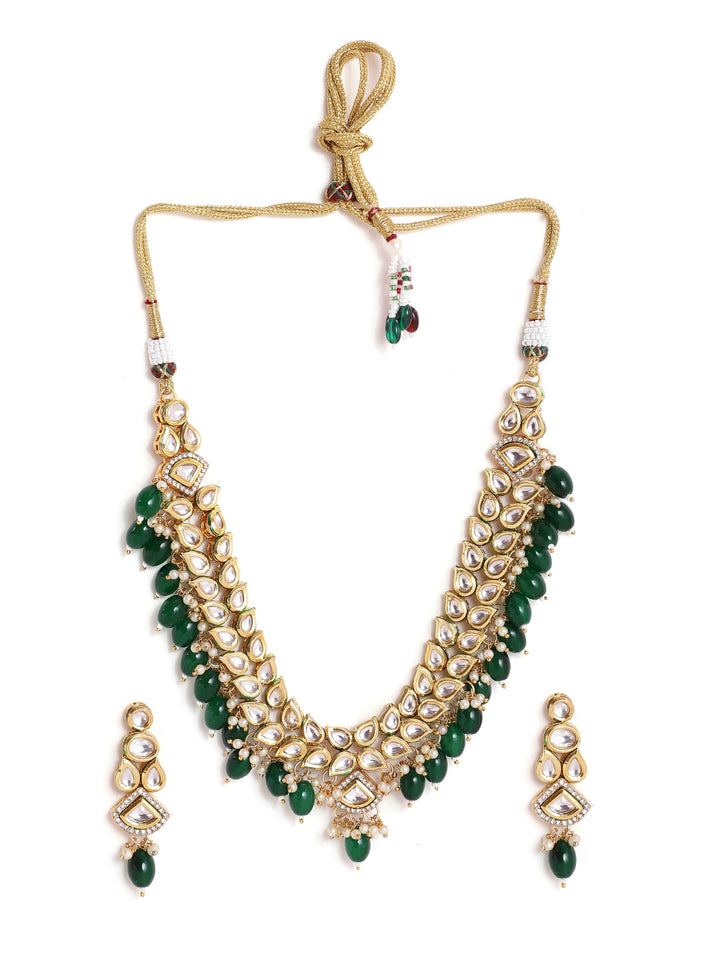 Priyaasi Leaf Design Green Beads Kundan necklace with kundan earrings gold plated Jewellery Set