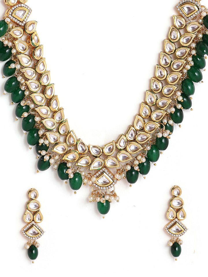 Priyaasi Leaf Design Green Beads Kundan necklace with kundan earrings gold plated Jewellery Set