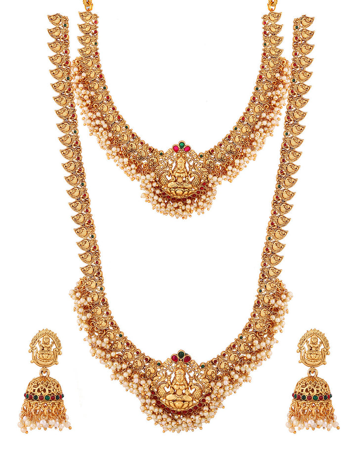 Goddess Pattern Matte Elegance with Mini Pearl Necklaces Jhumkis Earrings Jewellery Set