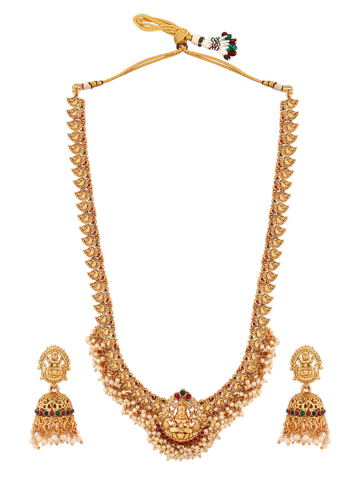 Goddess Pattern Matte Elegance with Mini Pearl Necklaces Jhumkis Earrings Jewellery Set