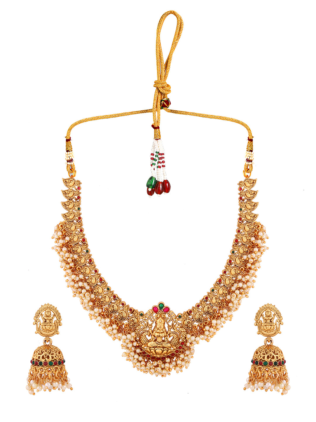 Goddess Pattern Matte Elegance with Mini Pearl Necklaces Jhumkis Earrings Jewellery Set