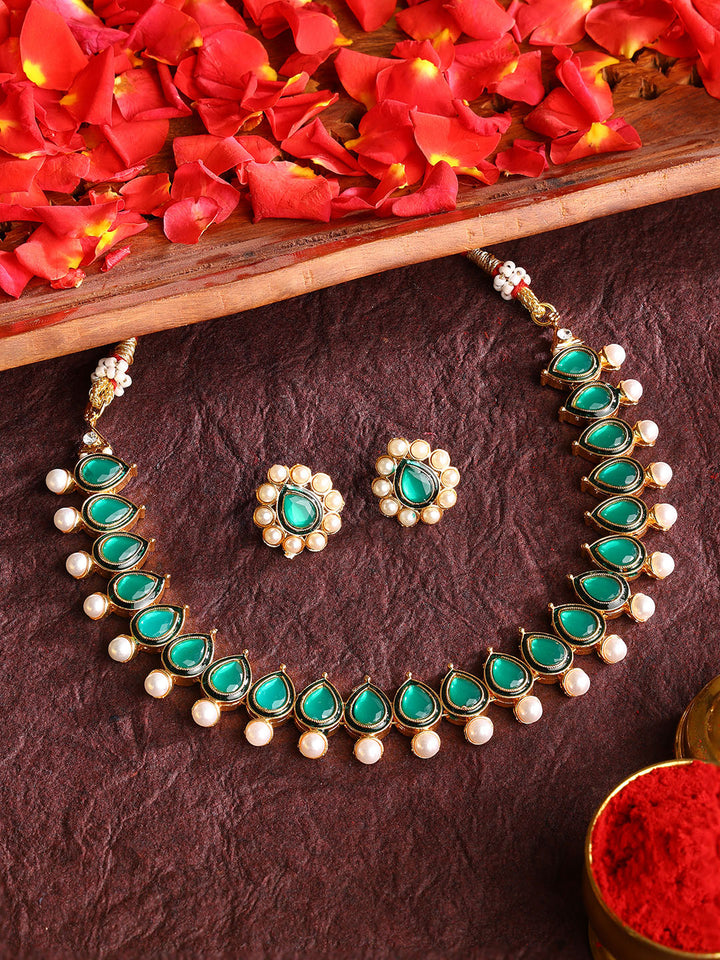 Emerald Pearl Elegance Gold Plated Necklace with Mini Stud Pattern Jewellery Set