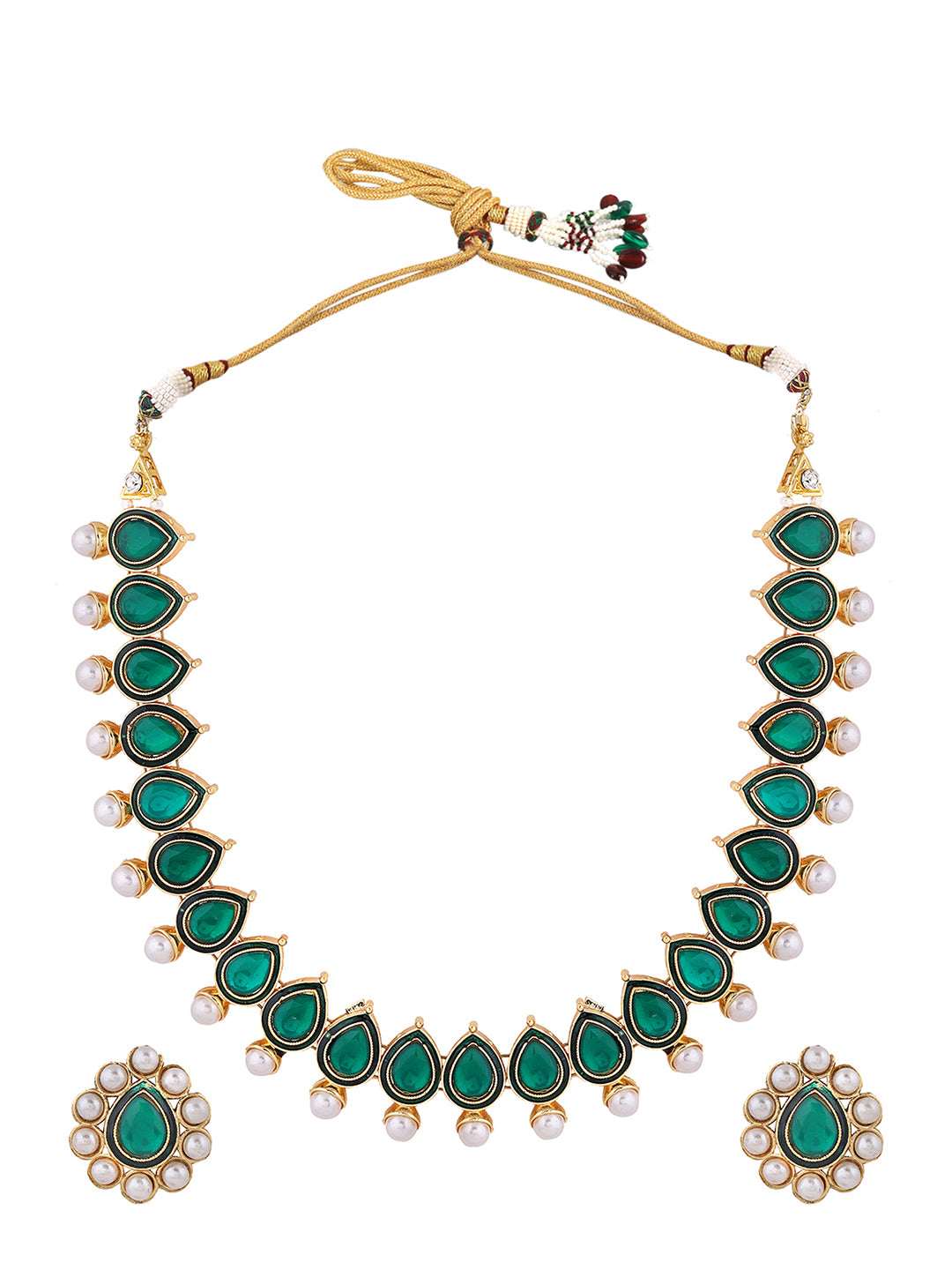 Emerald Pearl Elegance Gold Plated Necklace with Mini Stud Pattern Jewellery Set