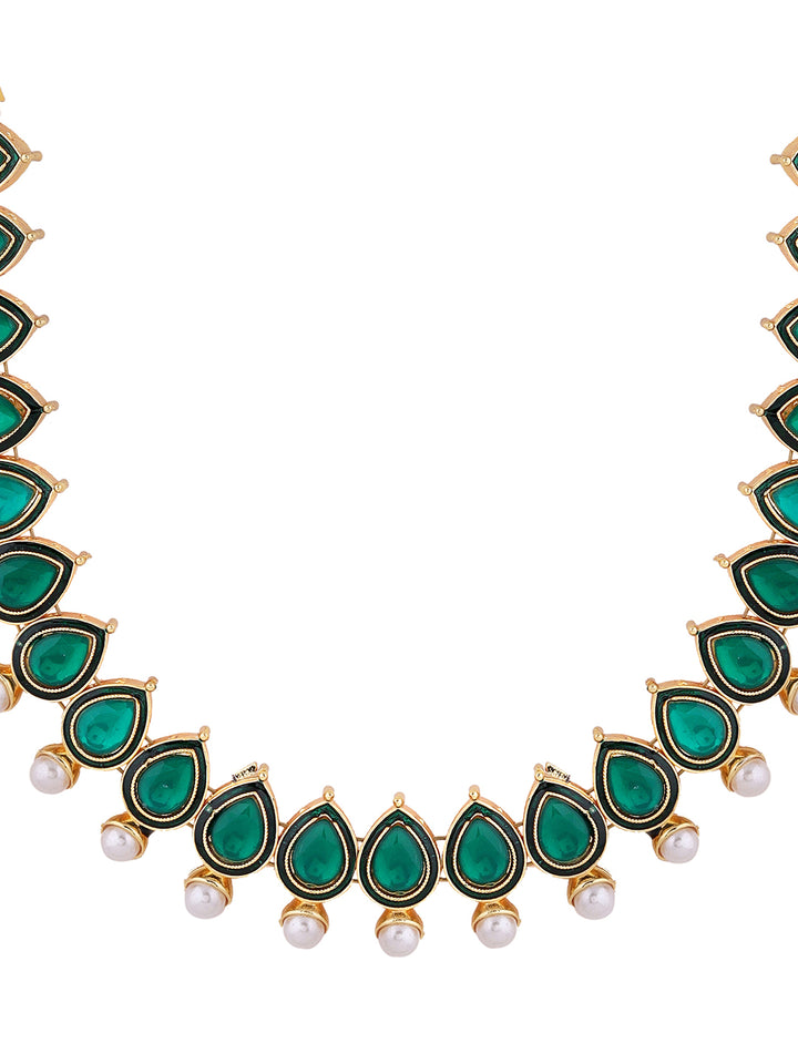 Emerald Pearl Elegance Gold Plated Necklace with Mini Stud Pattern Jewellery Set