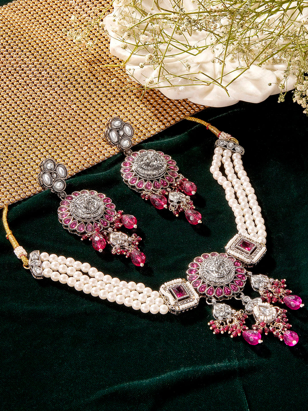 Priyaasi Elegant Pink Stone Oxidized Lion Face Pearl Choker Necklace with Long Silver Plated Earrings Jewellery Set