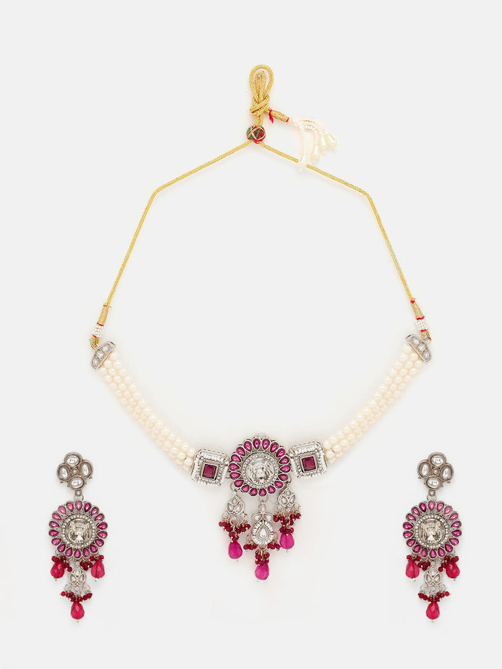 Priyaasi Elegant Pink Stone Oxidized Lion Face Pearl Choker Necklace with Long Silver Plated Earrings Jewellery Set