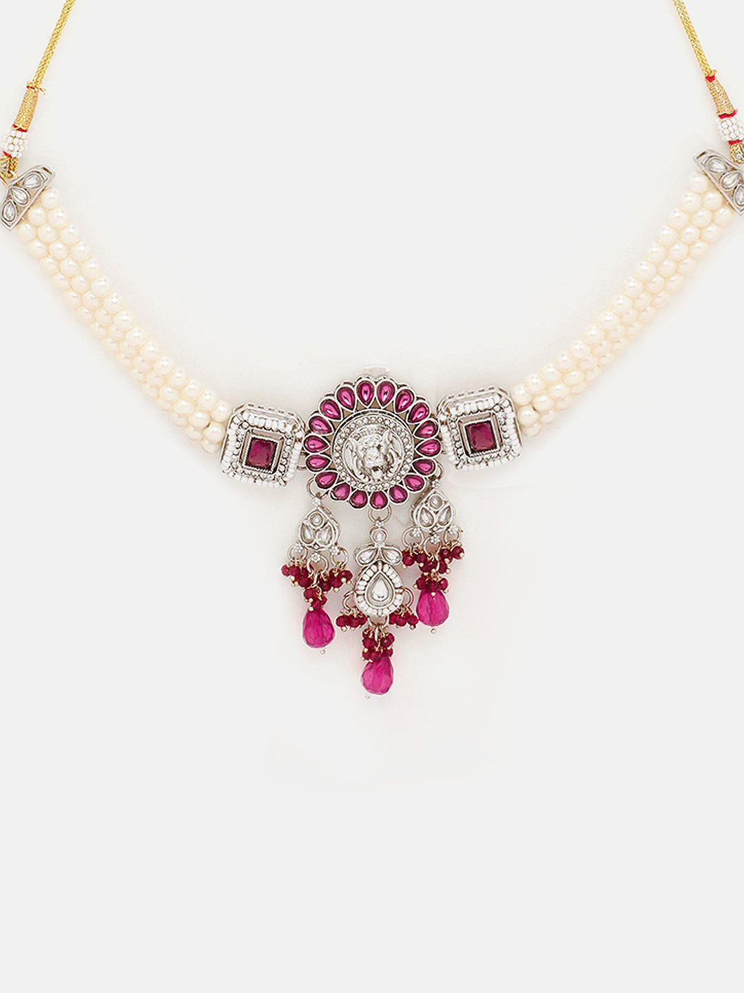 Priyaasi Elegant Pink Stone Oxidized Lion Face Pearl Choker Necklace with Long Silver Plated Earrings Jewellery Set