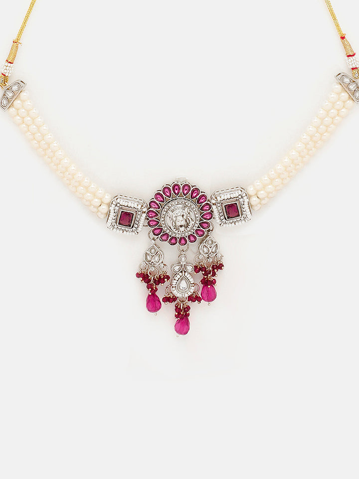 Priyaasi Elegant Pink Stone Oxidized Lion Face Pearl Choker Necklace with Long Silver Plated Earrings Jewellery Set