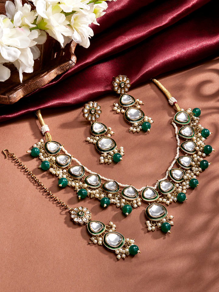 Priyaasi Green Bead Drop Shape Kundan Design Necklace Floral mini Pearls with maangtika Jewellery Set